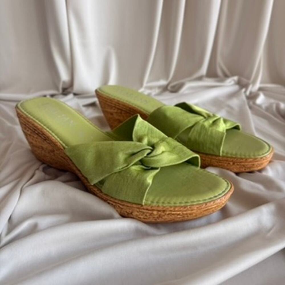 Lime Green Italian Shoemaker Wedge Sandals - Cork Heel, Size 9